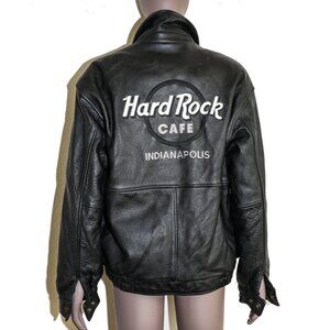 Hard Rock Cafe Black Leather Bomber Leather Embroidery Collared Jacket Outerwear